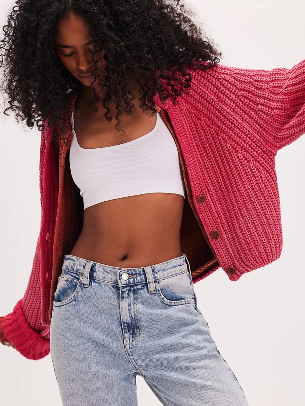 Free People Sweet Nothing Cardi - Chunky Knit Cropped Cardigan Sweater Red